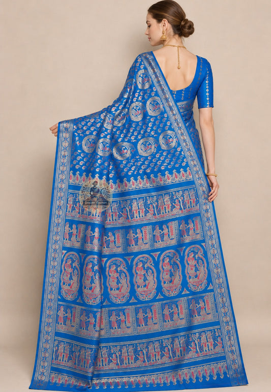 Side view of handwoven Swarnachari silk saree showing golden zari pallu fall and border detail