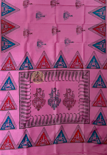 Close-up of royal blue Swarnachari silk saree weave revealing intricate gold zari and silk mythological figures on pure silk ground
