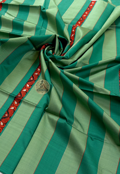 Flat lay of Bishnupur Baluchari pure silk heirloom legacy stole showing full handloom narrative motif composition and geometric floral woven border in silk