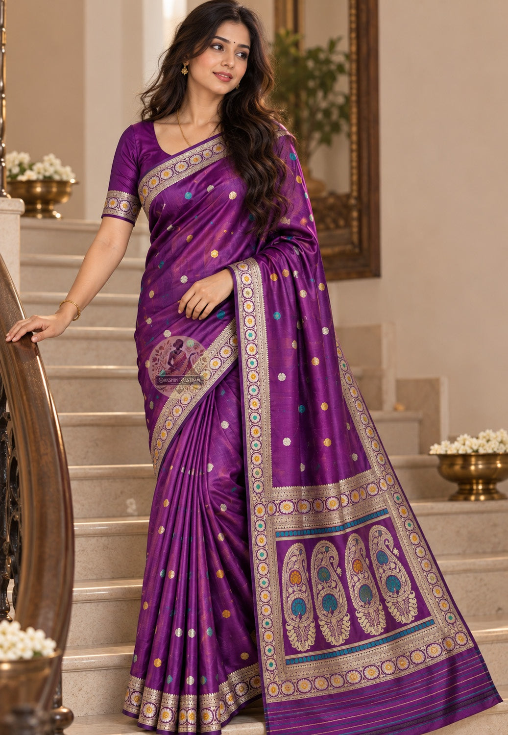Front view of Bishnupur Baluchari silk saree showing Ramayana and Mahabharata narrative figure panels woven in fine pure silk thread on traditional pit loom