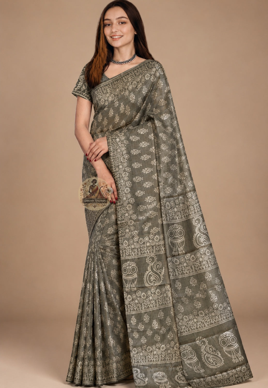 Front view of Bishnupur Katan silk saree with hand block print motifs drawn from West Bengal's terracotta temple heritage, two craft traditions meeting in one piece