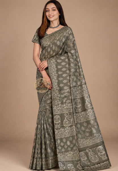 Front view of Bishnupur Katan silk saree with hand block print motifs drawn from West Bengal's terracotta temple heritage, two craft traditions meeting in one piece