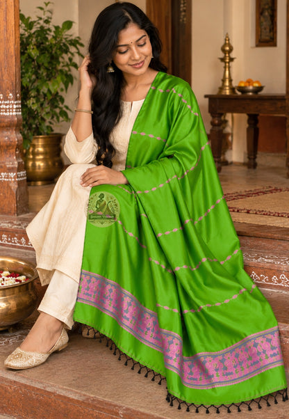 Full view of Bishnupur Baluchari handloom pure silk wedding season stole with narrative motifs, for Indian wedding receptions sangeet and Diwali formals