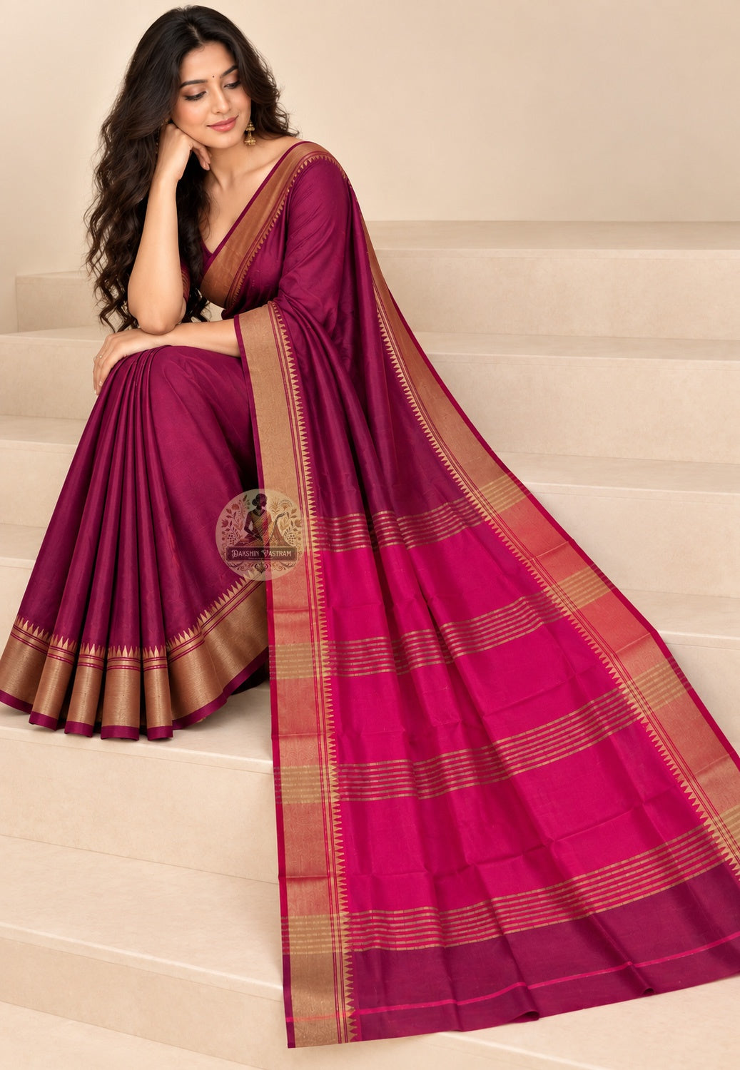 Side view of Bishnupur Katan silk trousseau saree displaying crisp pleat structure and natural lustre of pure Katan silk fabric