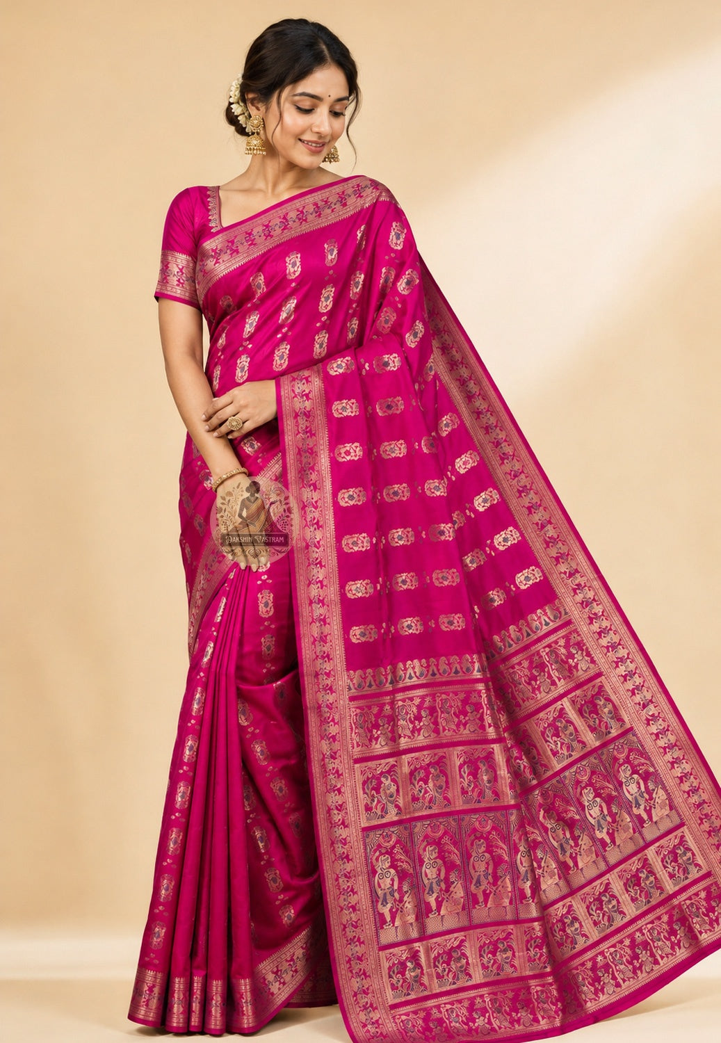 Front view of Swarnachari Silk Saree with pure golden zari Lakshmi on lotus throne and peacock vine border West Bengal