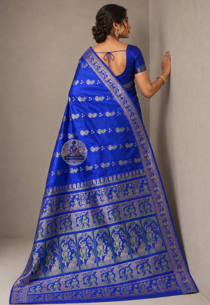 Side view of Swarnachari Pure Katan Silk Saree showing bridal formal drape and golden zari temple arch handloom border
