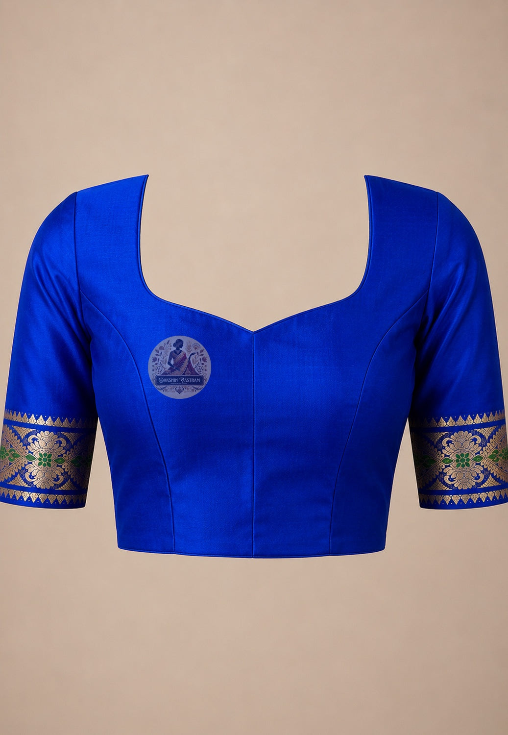 Matching unstitched blouse piece of premium Swarnachari silk saree in pure handloom silk with golden zari portrait border trim, included with saree for tailoring