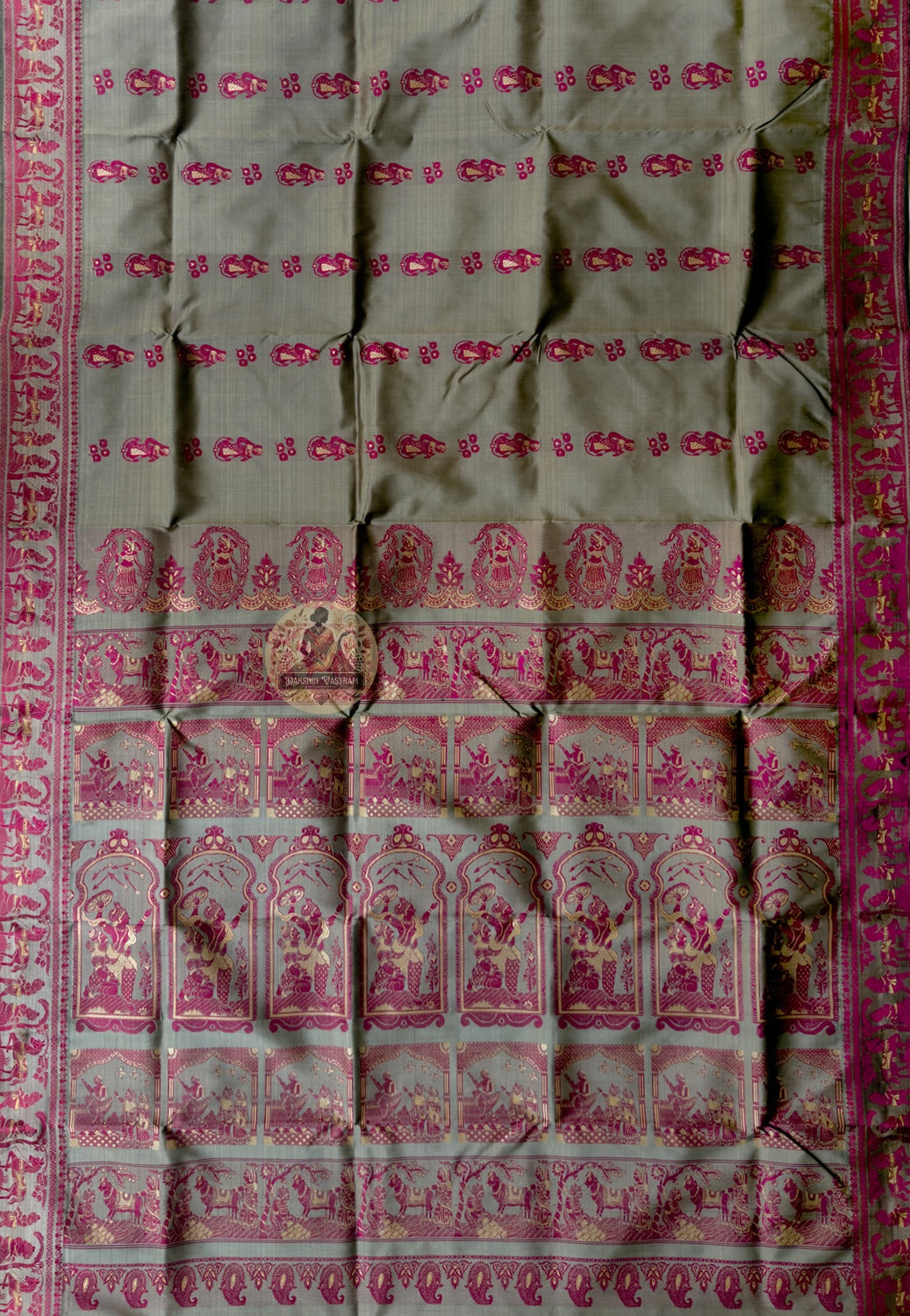 Side view of Baluchari Silk Saree showing fluid silk drape and handloom woven narrative border with butis