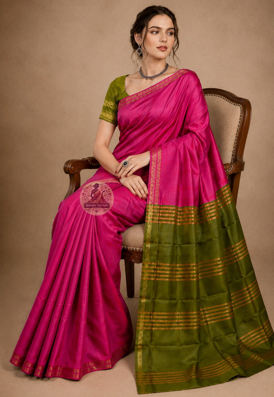 Front view of woman wearing Bishnupur Katan Silk Saree with chanderi blouse, Diwali diaspora festive occasion
