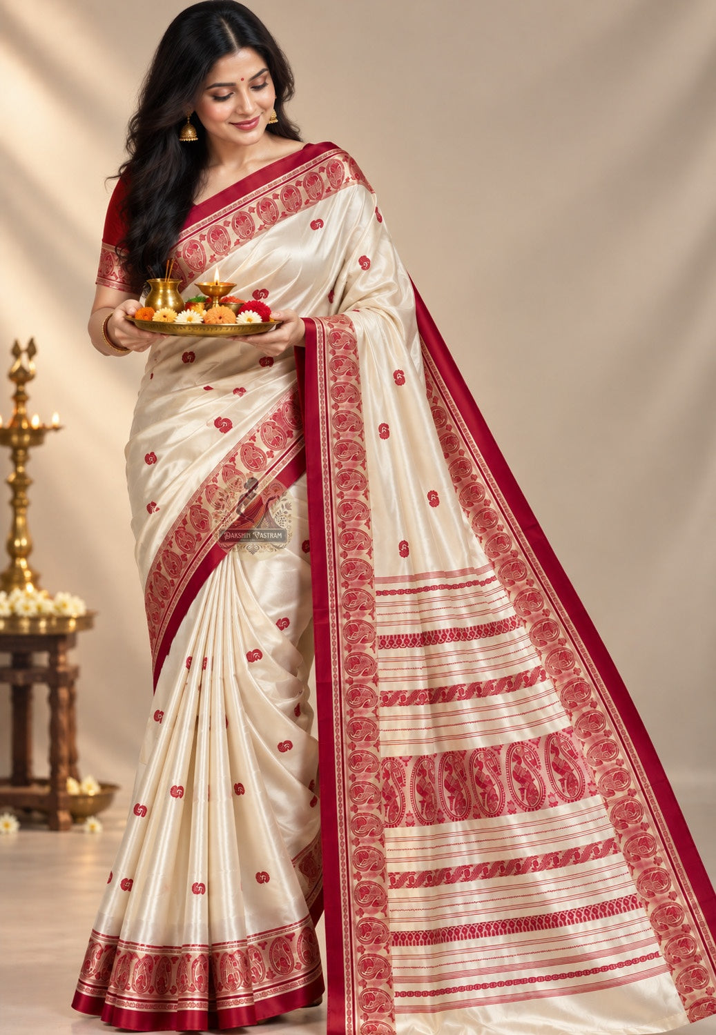 Front view of Bishnupur Garad versatile pure silk saree in natural ivory, handwoven from pure mulberry silk for puja, weddings and cultural occasions