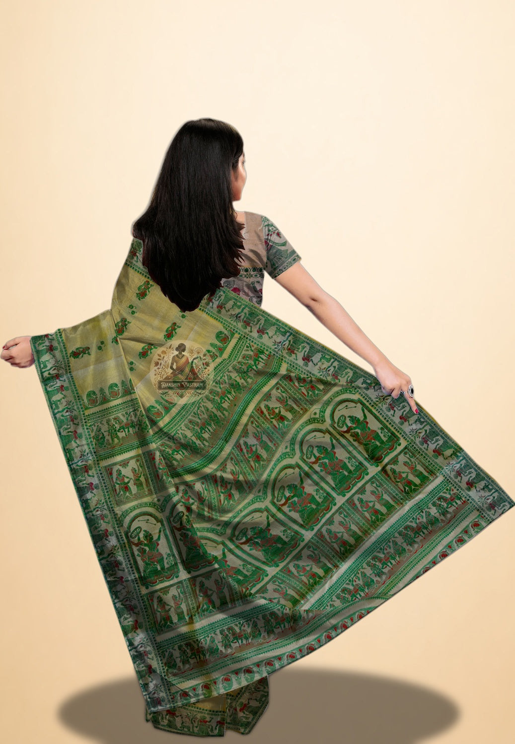 Close-up of tightly woven fine Baluchari motifs on pure silk — traditional Bengal artisan detailing