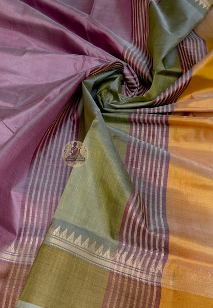 Close-up of handwoven wave crest with zari hibiscus buti detail on Bishnupur Katan Silk Saree border