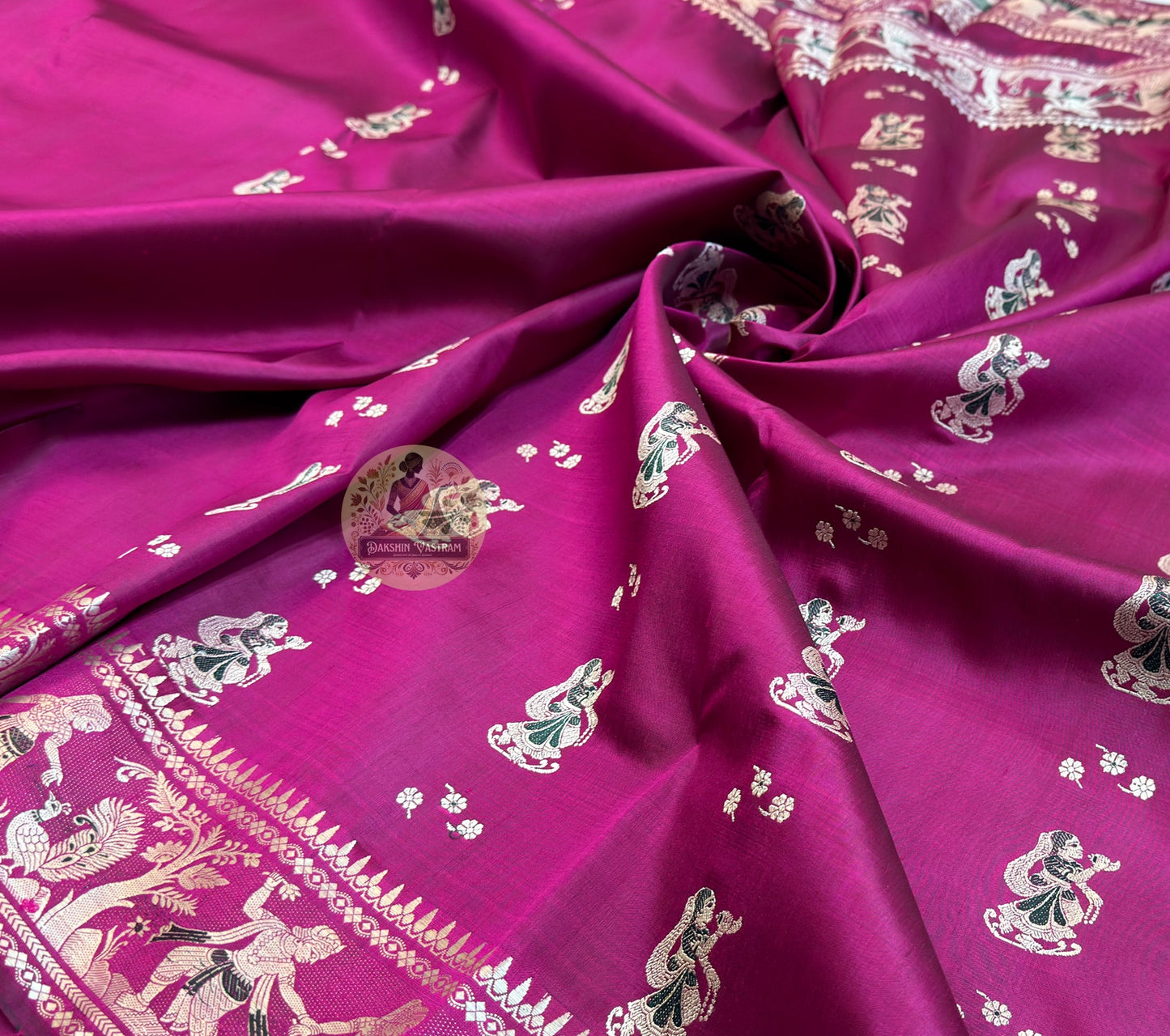 Indian woman in traditional Baluchari silk saree styled with temple jewellery