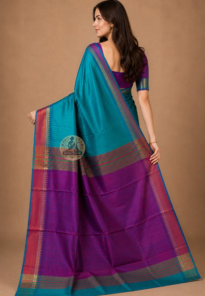 Side view of Bishnupur Pure Katan Silk Saree showing clean pleat structure and handloom border