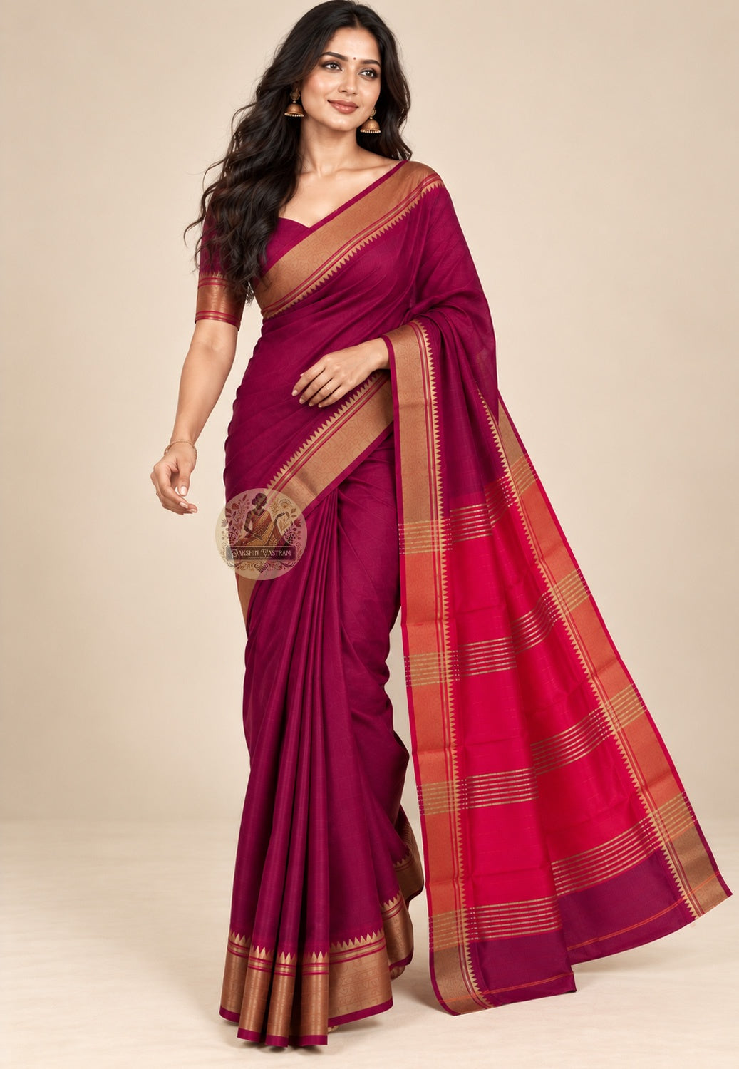 Front view of Bishnupur pure Katan silk saree showing smooth silk drape and traditional Bengal buti motifs across the body