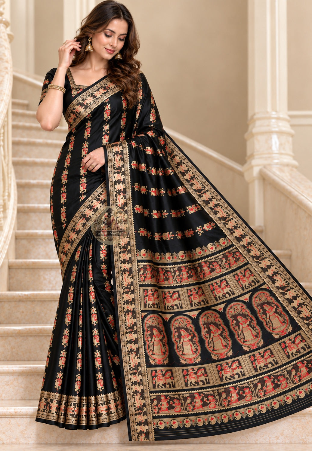 Front view of purple Swarnachari pure silk saree with golden zari Malla royal court and Bishnupur temple art motifs handloom woven in West Bengal for Indian weddings and Durga Puja