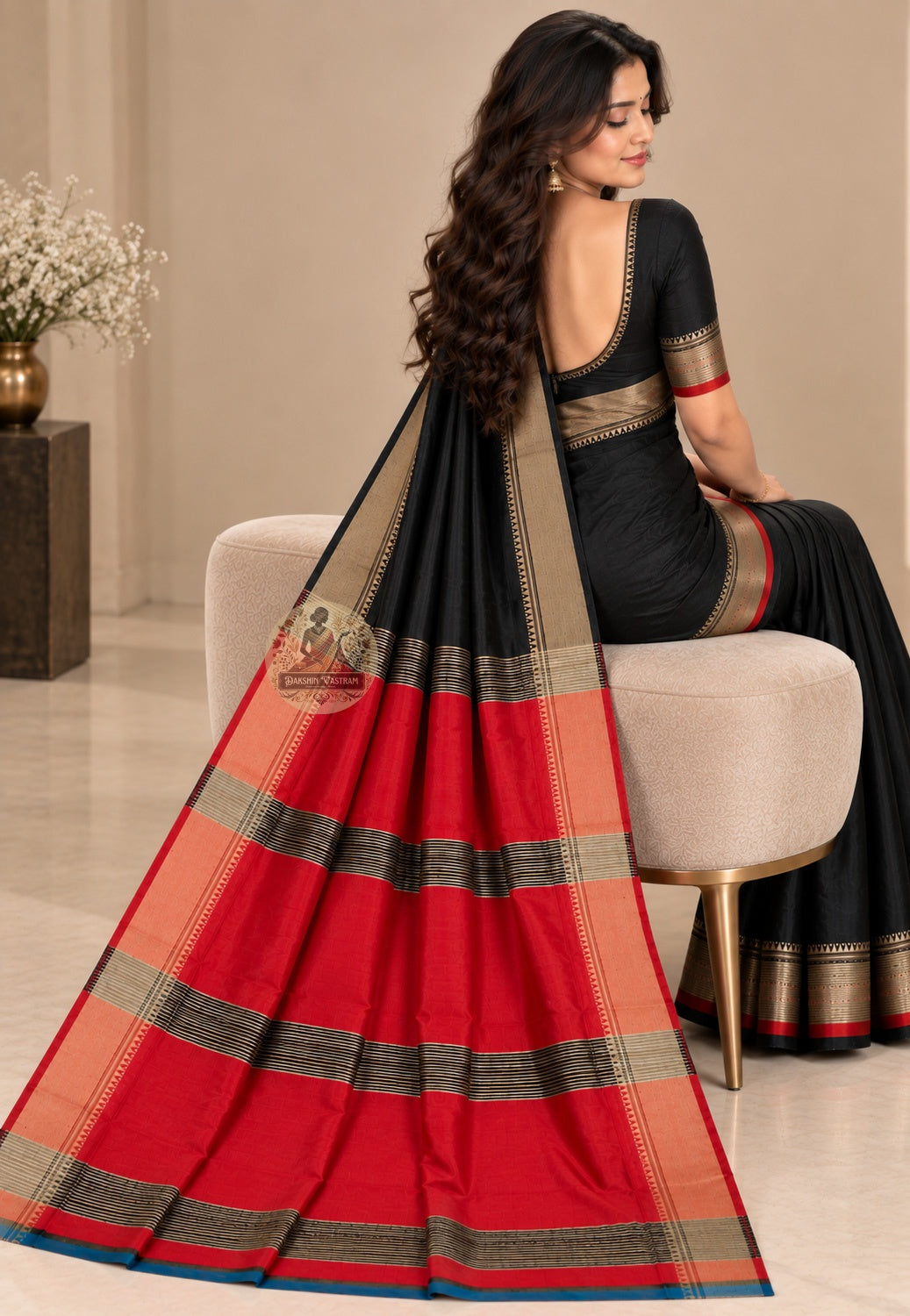Side view of Bishnupur Katan silk collector's saree displaying precise pleat structure and natural lustre of tightly woven pure Katan silk