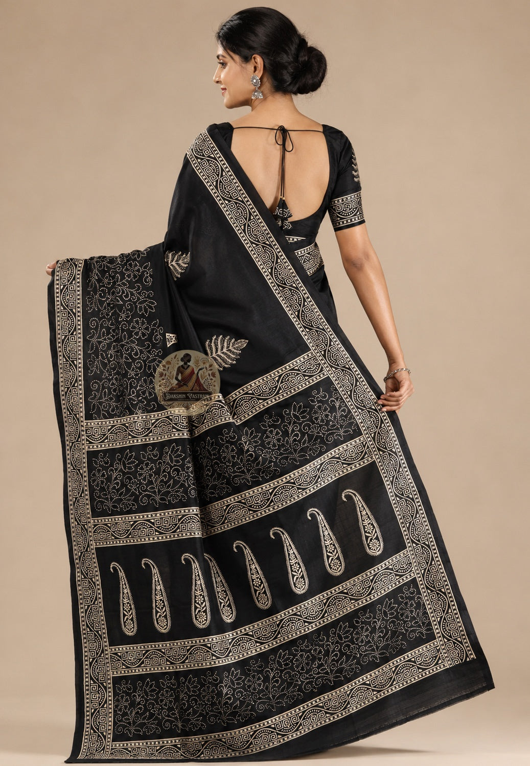 Front view of woman wearing Bishnupur Katan Silk Saree with silk blouse, Indian cultural gala formal occasion