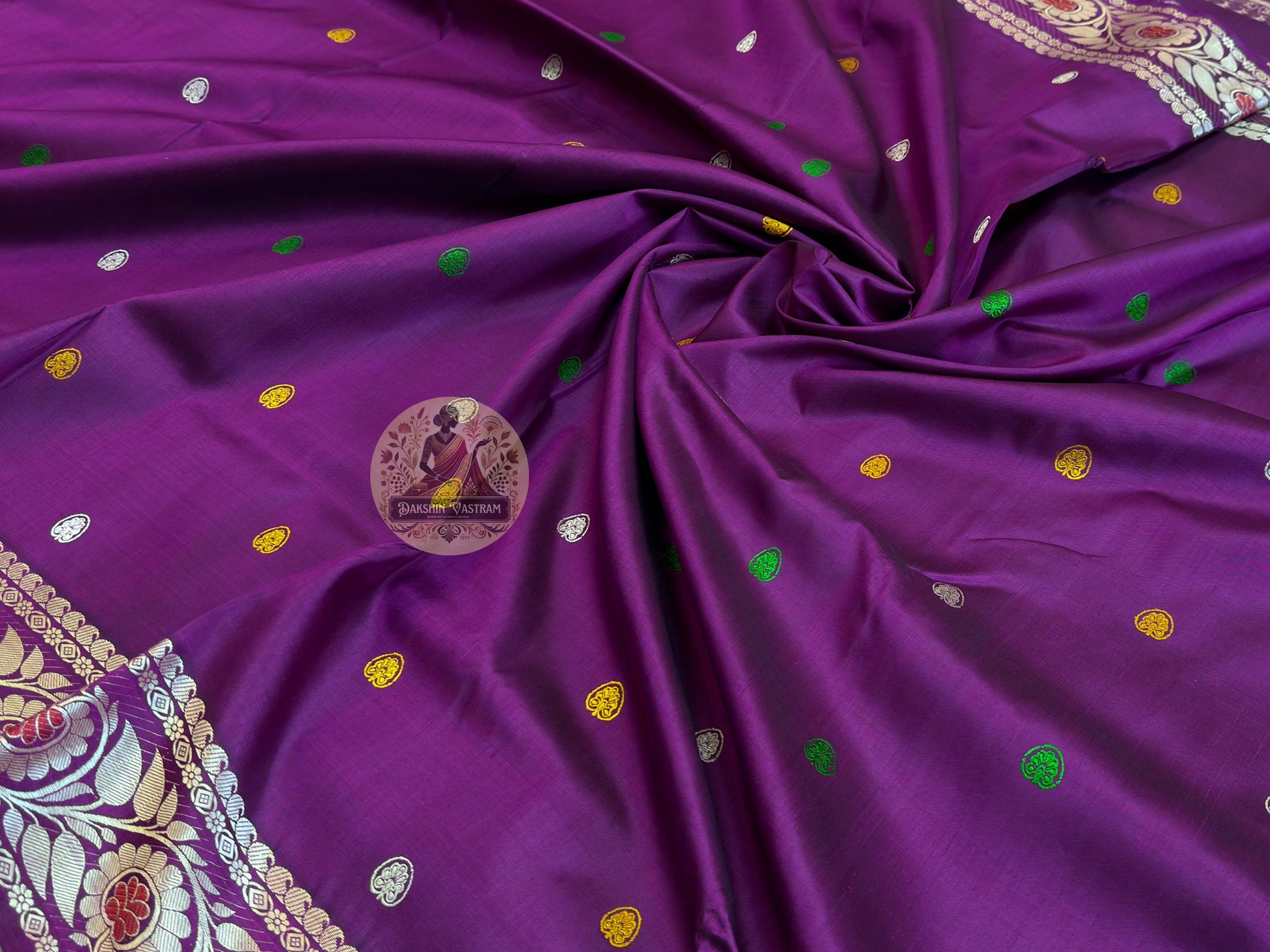 Full flat-lay view of Baluchari Pure Silk Saree showing complete handwoven silk body with Baluchari buti, traditional motif border, and richly illustrated narrative pallu — part of Durga Puja 2026 Collection