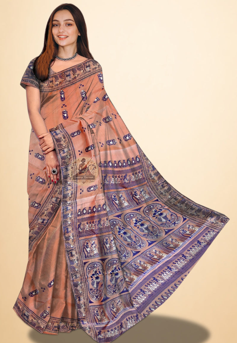 Handwoven Baluchari silk saree with intricate mythological figural motifs on pallu and border