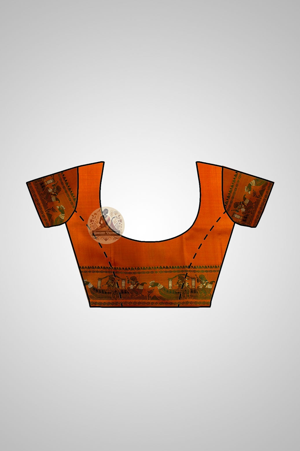 Matching mustard orange Baluchari silk blouse with short sleeves and handwoven border motifs, included with the saree
