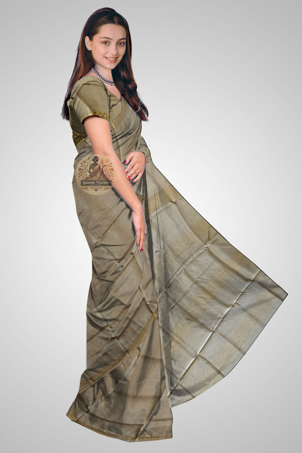Shop Zari Border Silk Saree online – Elegant side profile view