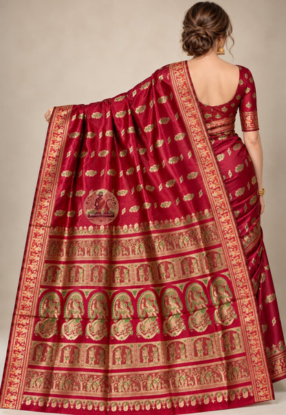 Side view of red Swarnachari silk saree showing the drape and decorative border