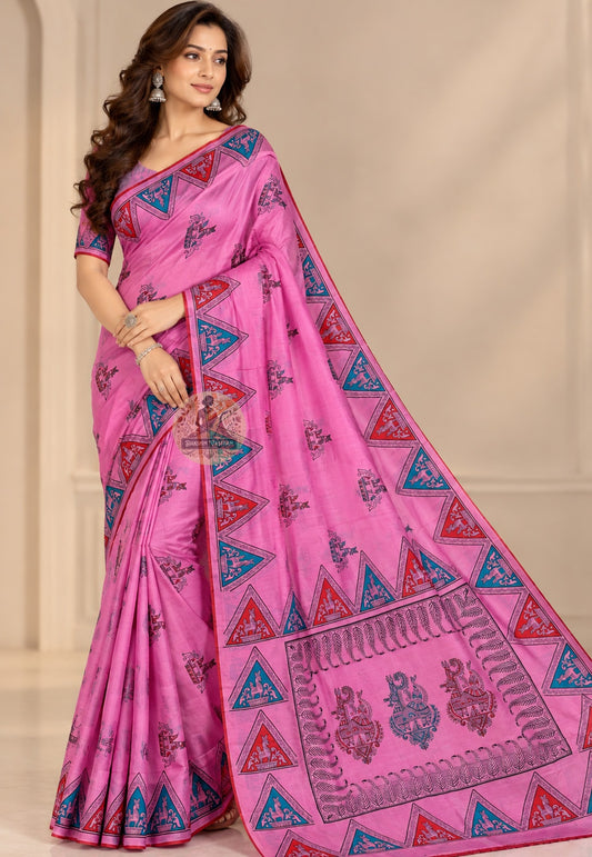 Front view of Bishnupur Swarnachari silk saree in royal blue with gold zari motifs, handwoven by master weavers in West Bengal