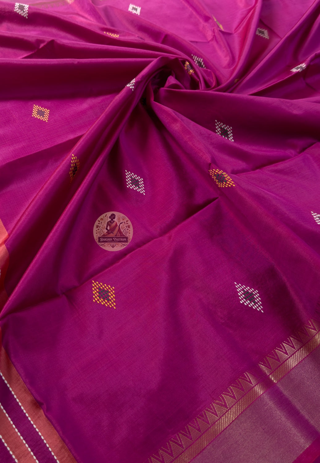 Close-up of pallu of Bishnupur Katan pure silk wedding centrepiece saree showing heritage Bengal motif and border work woven directly into structured Katan silk thread
