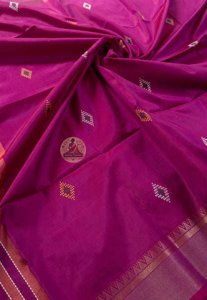 Close-up of pallu of Bishnupur Katan pure silk wedding centrepiece saree showing heritage Bengal motif and border work woven directly into structured Katan silk thread