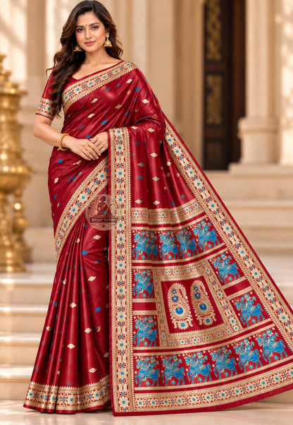 Front view of maroon Baluchari silk saree with blue and pale-toned motifs and floral borders