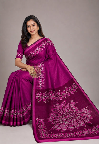 Side view of Bishnupur Katan silk saree showing dense handloom weave and lustrous silk drape, Bengal heritage
