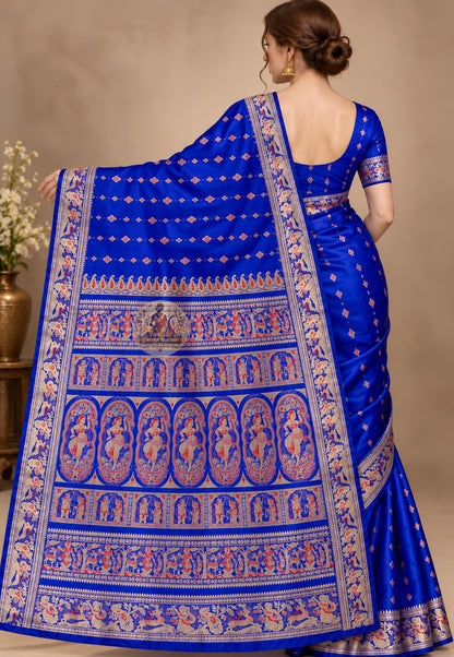 Front view of royal blue Swarnachari saree showing mythological narrative panels and golden zari weave on pure silk fabric