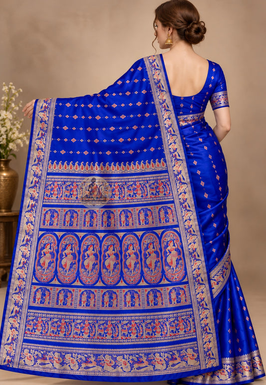 Front view of royal blue Swarnachari saree showing mythological narrative panels and golden zari weave on pure silk fabric