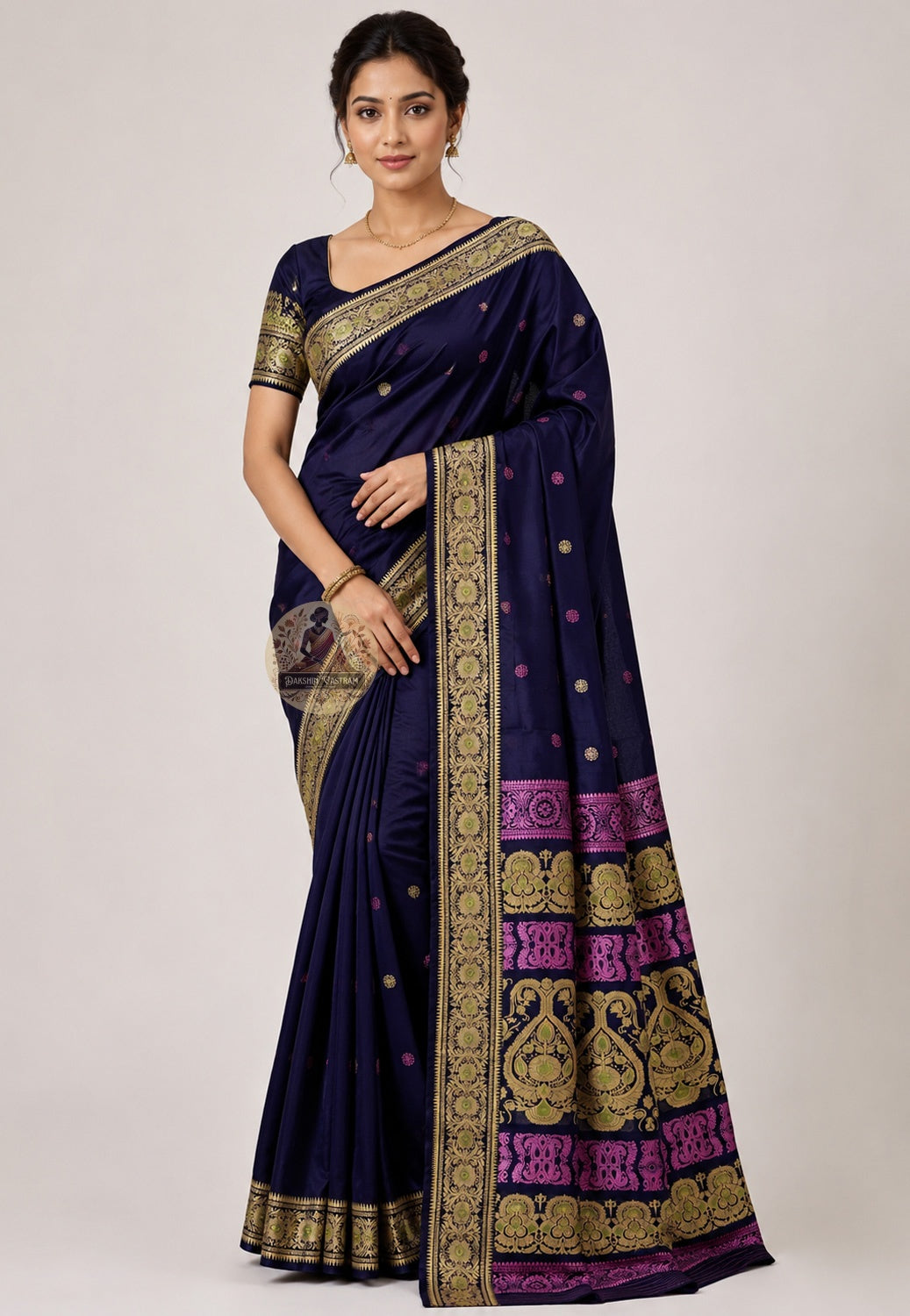 Front view of Baluchari Silk Saree with handwoven Arjuna chariot and celestial archer Mahabharata scene, West Bengal