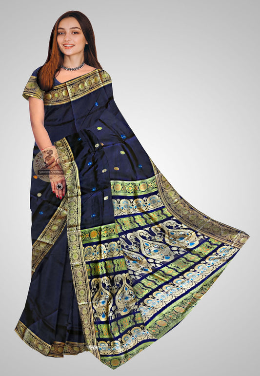 Saree Front Side: Front view of the Baluchari Pure Silk Saree, showcasing intricate designs and luxurious fabric.