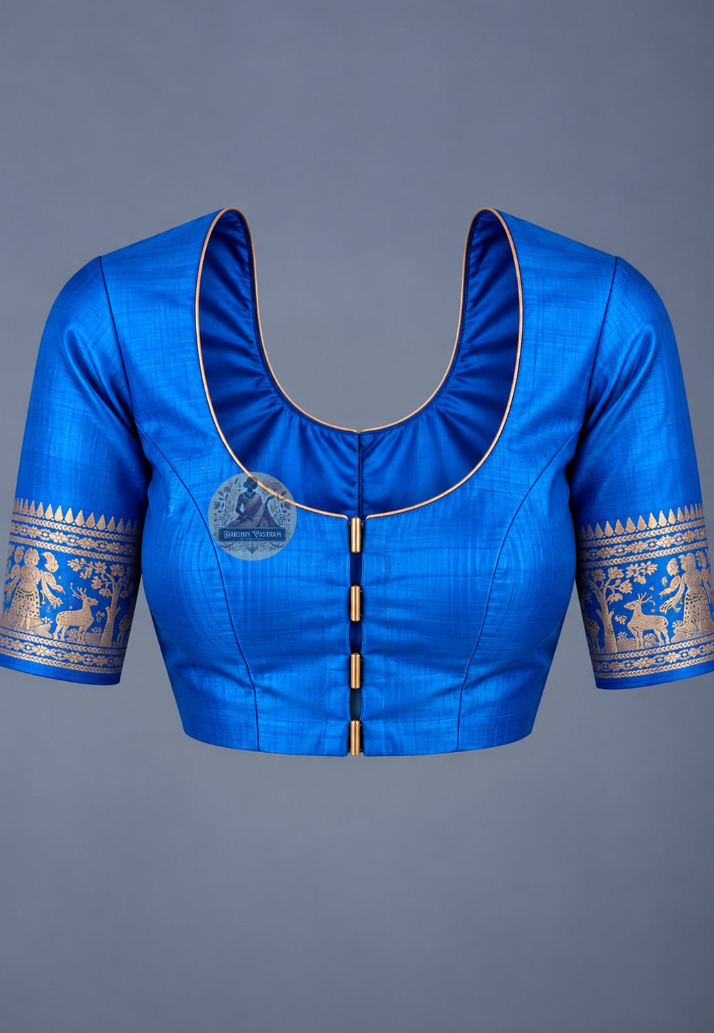 Blouse paired with blue Swarnachari saree, showing its neckline and sleeve styling