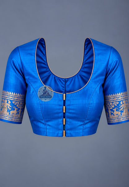 Blouse paired with blue Swarnachari saree, showing its neckline and sleeve styling