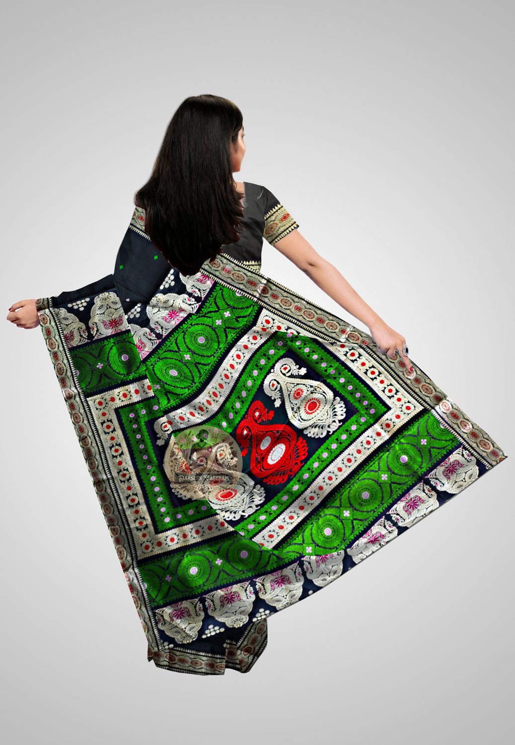 Saree Rear View: Rear view of the Handloom Baluchari saree, highlighting the fine artistry and silk texture.