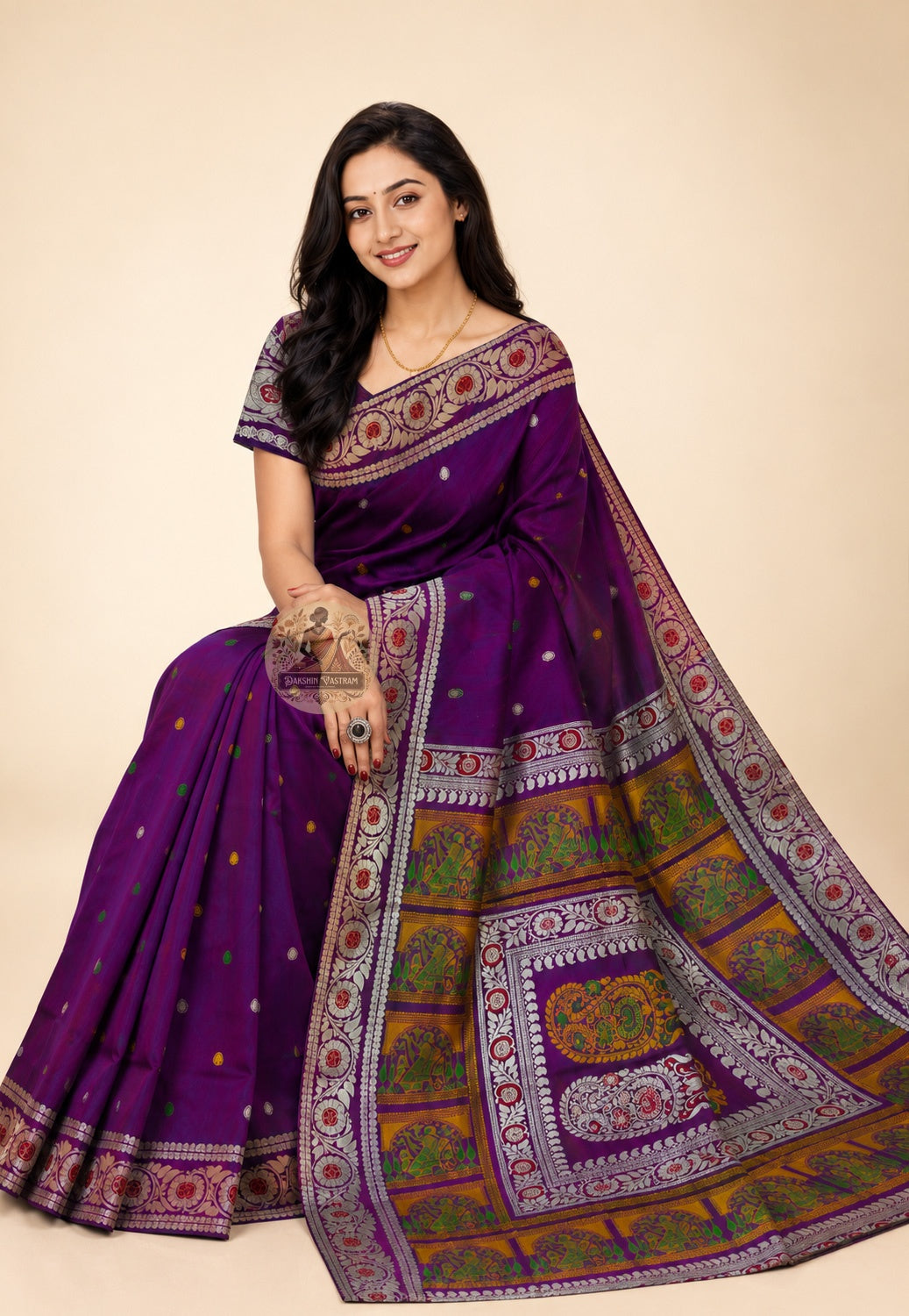 Side view of Baluchari Pure Silk Saree showing the graceful weighted fall and natural sheen of handwoven pure silk with traditional Baluchari buti motifs repeating across the body