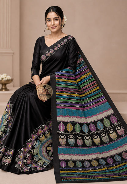 Side view of Bishnupur pure Katan silk saree showing still elegant drape and deep colour, Bengal Malla heritage weave