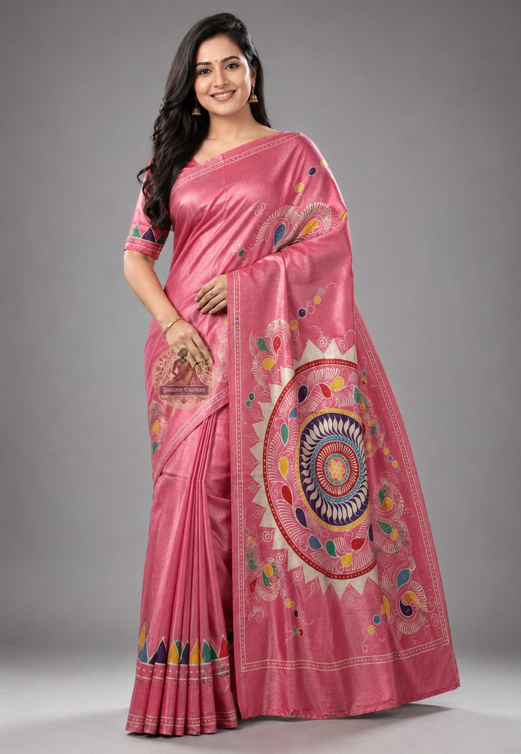 Front view of Bishnupur Katan silk saree with temple-town motifs, handwoven Bengal, draped for festive occasion