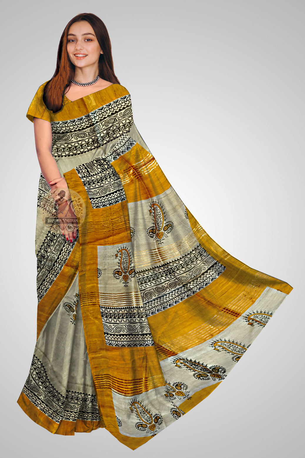 Buy Tussar Saree online – Handloom raw silk saree front angle