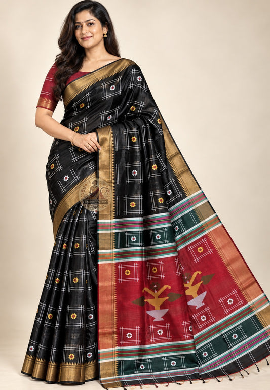Front view of Bishnupur Katan silk festive saree showing smooth structured pure silk drape and woven Bengal motifs catching natural light