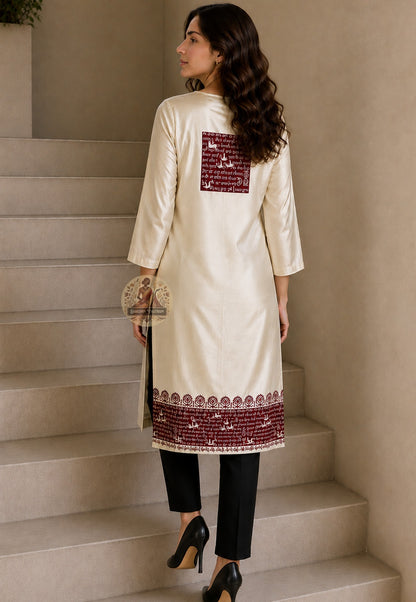 Side view of A-line kurti tailored from Baluchari Silk Kurti Piece lotus medallion block print Bengal wedding guest daywear