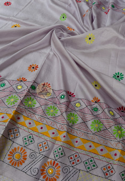 Full flat-lay of deep saffron Bishnupur Kantha Silk Saree with matching blouse piece Radha Krishna kadamba champak buti haldi Bishnupur Bengal