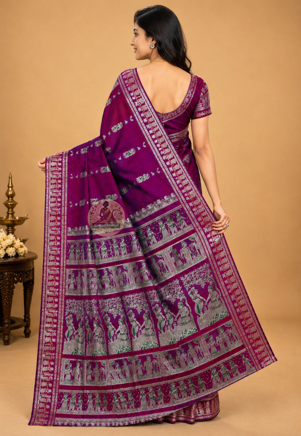 Rear view of Bishnupur Baluchari Silk Saree displaying richly handwoven pallu with Mahabharata and Ramayana scenes woven thread by thread on traditional Bengal loom