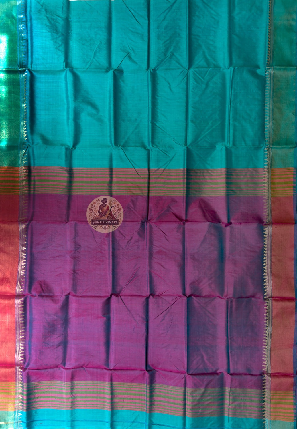 Rear view of Bishnupur Katan Silk Saree displaying pallu with floral scroll and Bengal temple motifs
