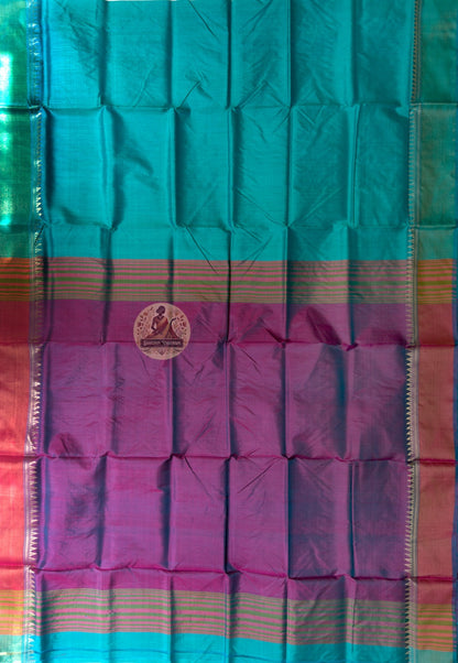 Rear view of Bishnupur Katan Silk Saree displaying pallu with floral scroll and Bengal temple motifs
