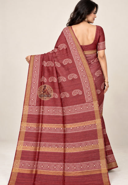 Side view of deep red Ghicha Tussar silk saree showing the drape and diamond-patterned border